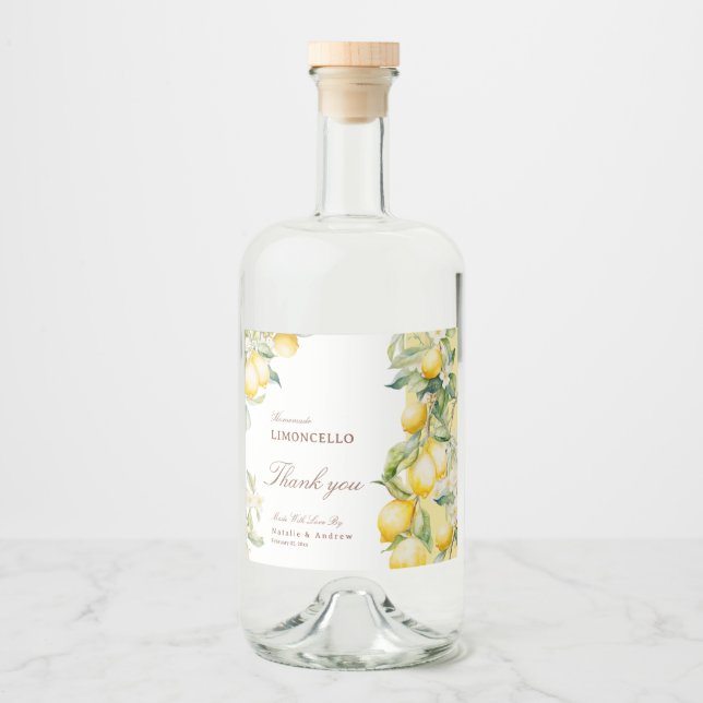 Hemmagjord Limoncello Akvarell Citroner Tack Spritflaskor Etikett (Framsida)