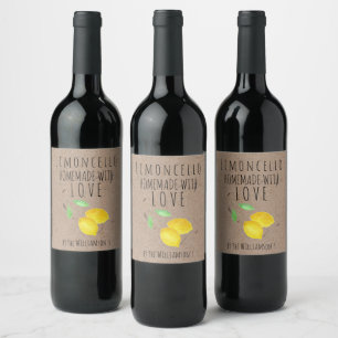 Hemmagjord med Kärlek Limoncello Akvarell Citroner Vinflaska Etikett