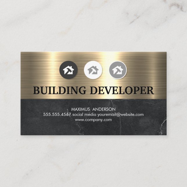 Hemmahammer-Logotyp | Metallic Guld Black Marble Visitkort (Framsida)