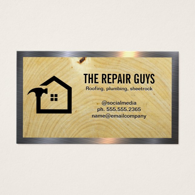 Hemmahammer-Logotyp | Trä Grain | METALL Visitkort (Framsidan)