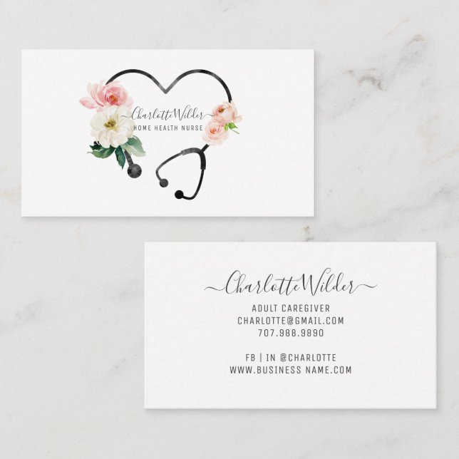 Hemmasjuksköterskekaraktär Blommigt Stethoscope Visitkort (Fram/baksida)