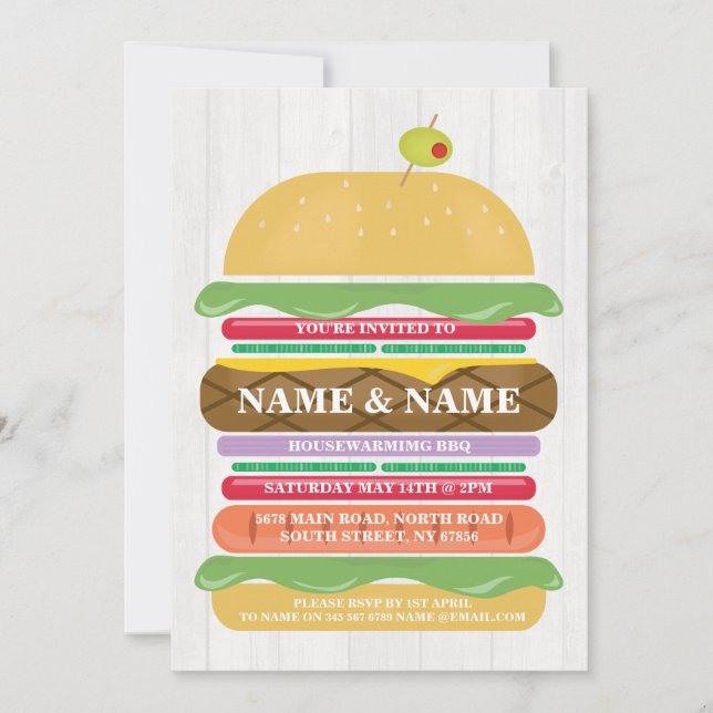 Hemmauppvärmningspotentialen BBQ Burger Stapel New Inbjudningar (Framsida)
