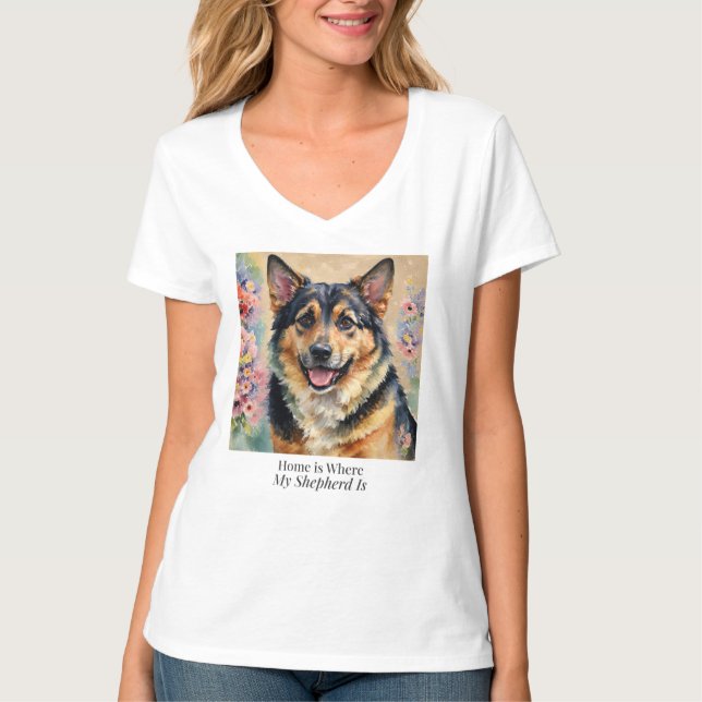 Hemmet är där min herde är Kvinnors V-ringad  T Shirt (Framsida)