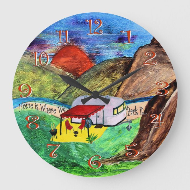 Hemmet är där vi parkerar väggklocka. stor klocka (Framsida)