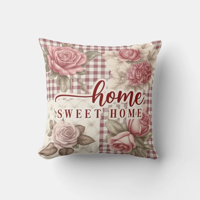 Hemmet Sött Hem Floral Ros Gingham Husvärmning Kudde (Framsida)