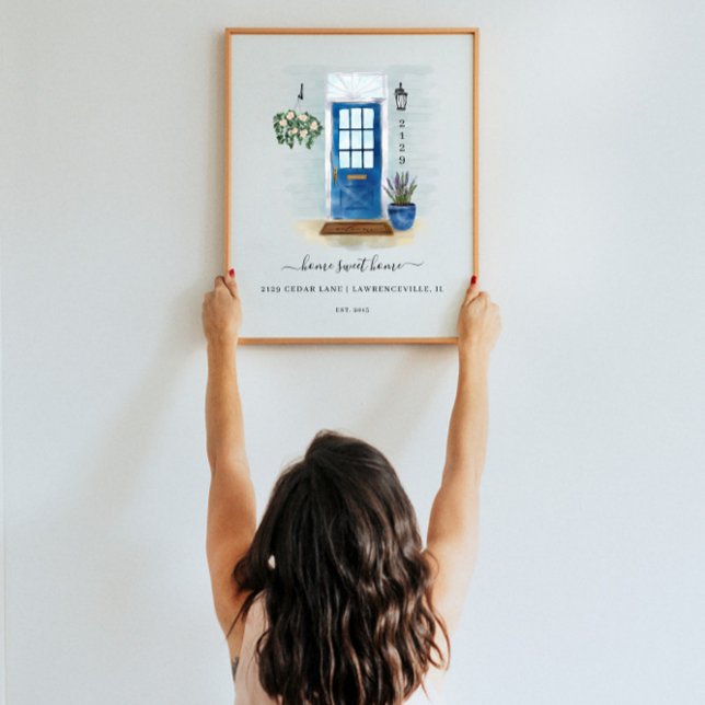 Hemmet, sötvattenfärg, Land Stil, blå dörr Poster (Home Sweet Home Watercolor Country Style Blue Door Poster)