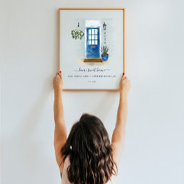 Hemmet, sötvattenfärg, Land Stil, blå dörr Poster