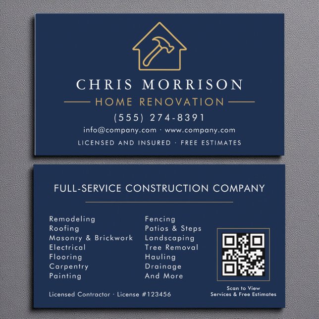 Hemrenovering Reparation Navy Blue Guld QR-kod Visitkort (Skapare uppladdad)