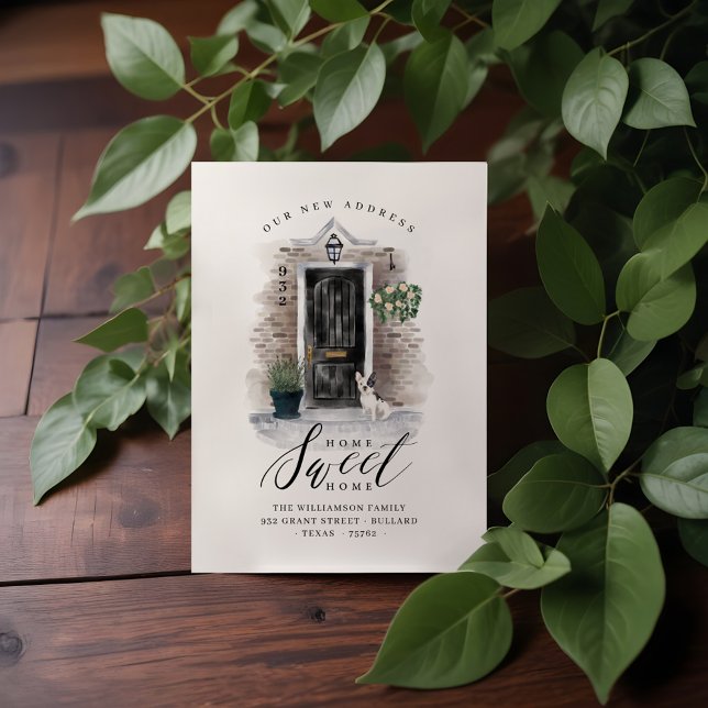 Hemrött, svart vattenfärgsdörr och baksida meddelande (Home Sweet Home Black Watercolor Door & Brick Home Announcement)