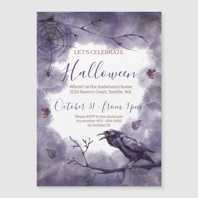 Hemskt vacker Lila Raven Halloween fest Magnetisk Inbjudningskort (Framsida)