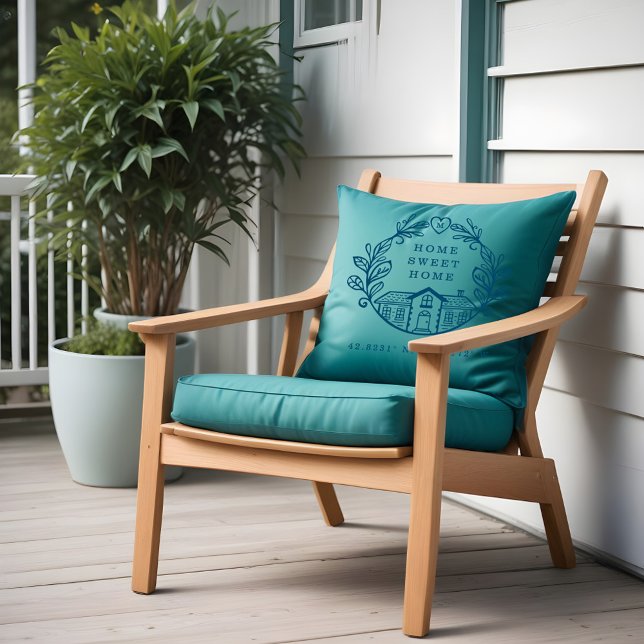 Hemsött hem, utandningsdesign och koordinater blå kudde (Home Sweet Home, Wreath Design & Coordinates Blue Throw Pillow)