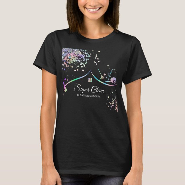 Hemstädning Holografisk Glänsande Affär T Shirt (Framsida)