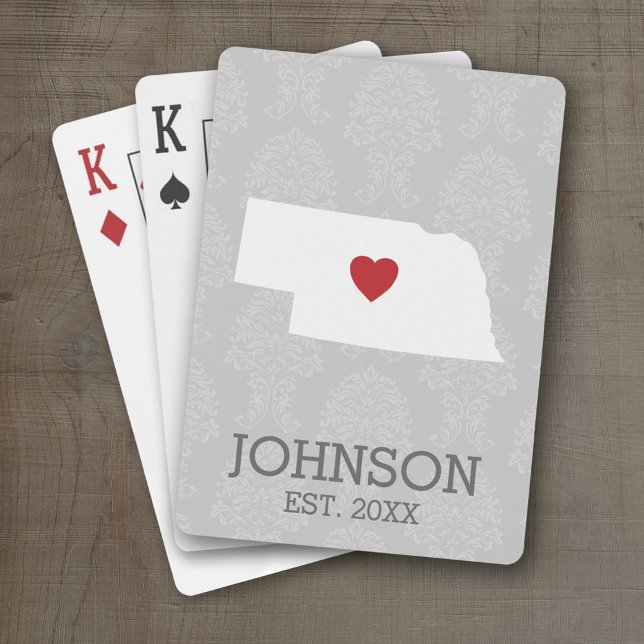 Hemstat Karta Art - Anpassat namn Nebraska Spelkort (Personalized Playing Cards with a State Map, Movable Heart and Name)