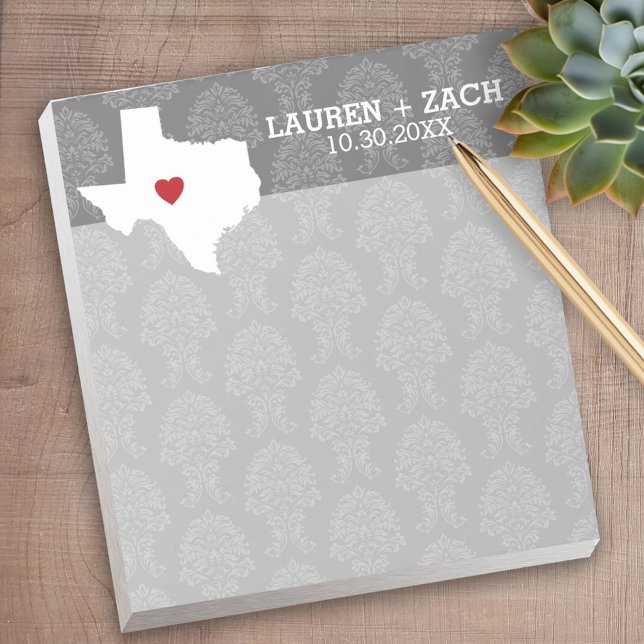 Hemstatskarta Konst - Anpassad Bröllop Texas Anteckningsblock (Personalized Notepad - a fun gift or useful promotional product)