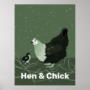 Hen & Chick Grönt Kitchen Wall Art Poster