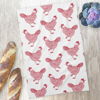 Hen Chicken Mönster Red and White Kökshandduk