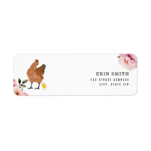 Hen Flicka Chick Rosa  Blommigt Baby Shower Returadress Etikett