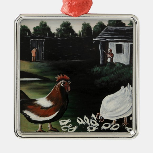 Hen med sina Chickar i ett landsbygdslandskap Julgransprydnad Metall (Framsidan)
