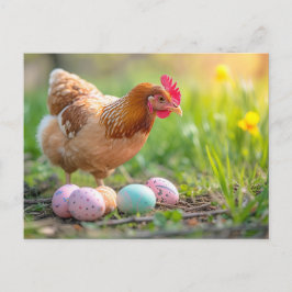 Hen Next to Easter Nest with Colorful Eggs Vykort