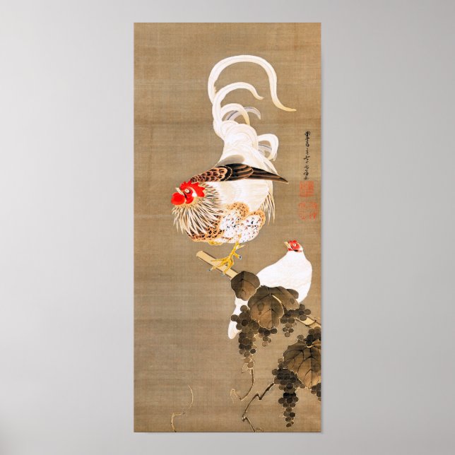 Hen och Tupp med Grapevine av Ito Jakuchu Poster (Framsidan)