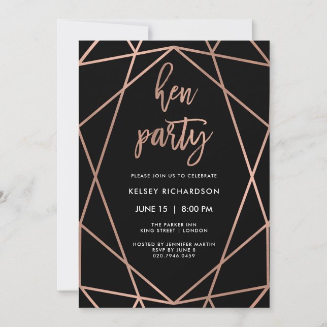 Hen Party | Faux Ro Guld Geometric on Black Inbjudningar (Framsida)