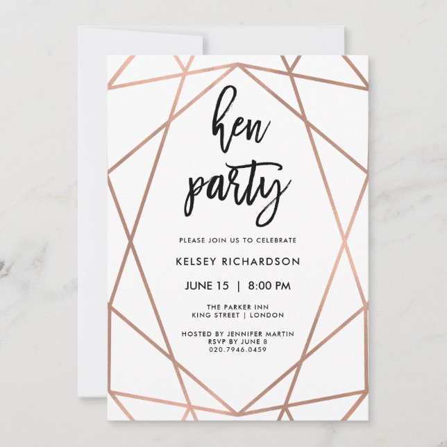 Hen Party| Faux Ro Guld Geometric on White Inbjudningar (Framsida)