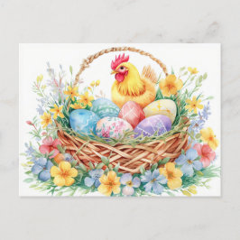 Hen stands beside an Easter nest filled with eggs Vykort