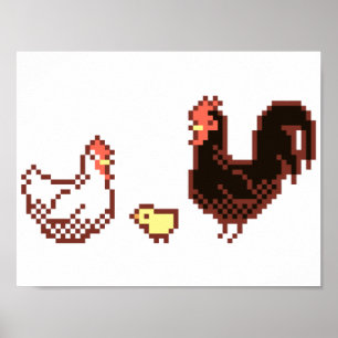 Hen, Tupp och Chick Pixel Art Poster