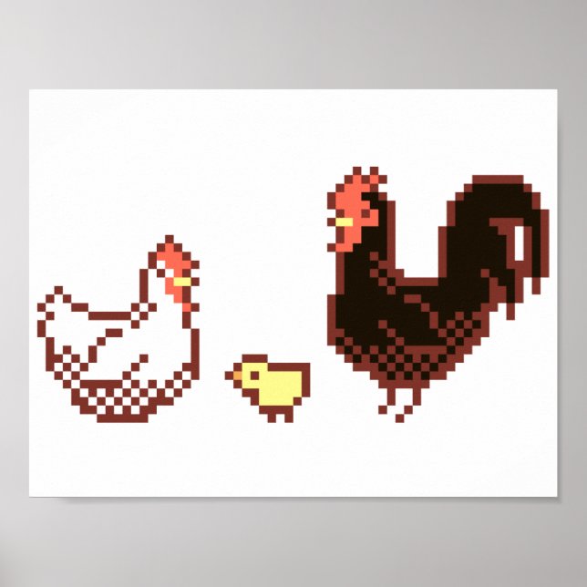 Hen, Tupp och Chick Pixel Art Poster (Framsidan)