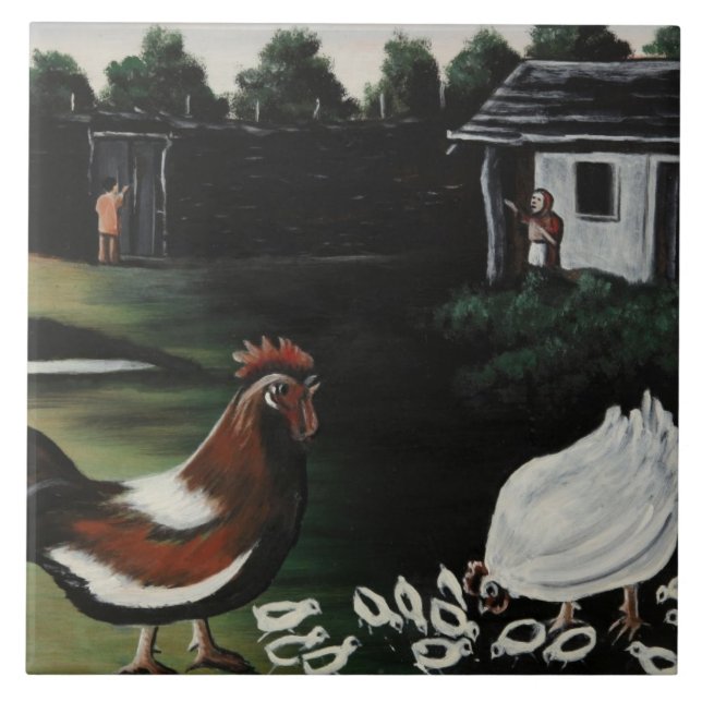 Hen with her Chicks in a Rural Farmyard Landscape Kakelplatta (Framsidan)