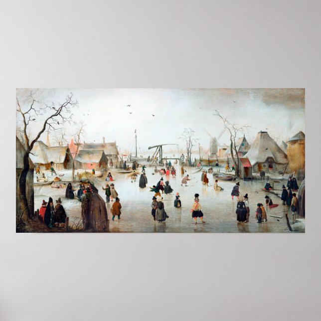 Hendrick Avercamps Ice Skating nära en by Poster (Framsidan)