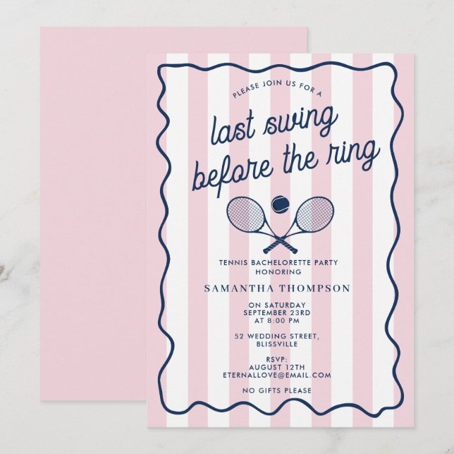 Henfest Tenis Retro Ränder Rosa Inbjudningar (Fram/baksida)