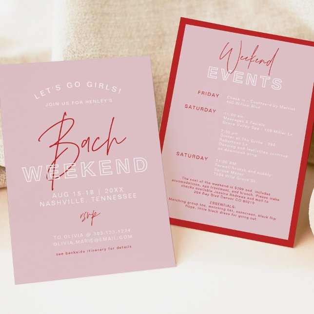 HENLEY Modern Rosa & Red Bachelorette Itinerary Inbjudningar (Skapare uppladdad)