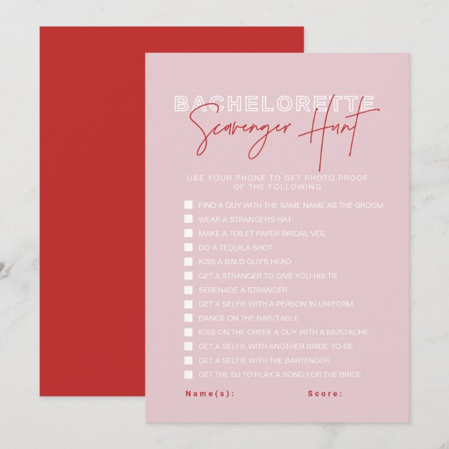 HENLEY Rosa Red Bachelorette Scavenger Hunt Card Inbjudningar (Fram/baksida)