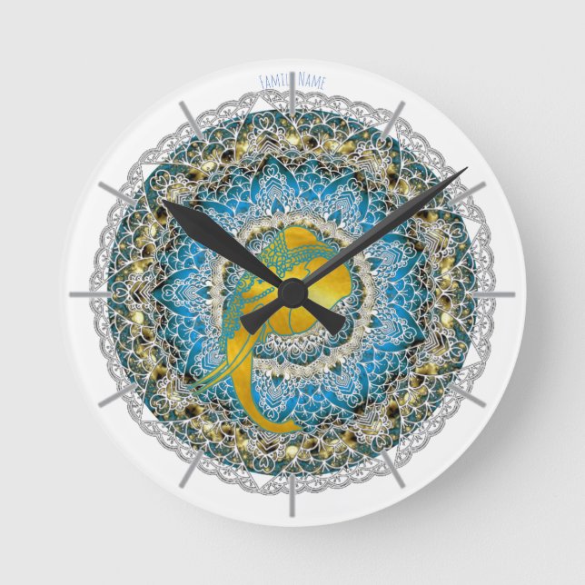 Henna Elephant Mandala Ganesha Mindfulness Clock Rund Klocka (Framsida)