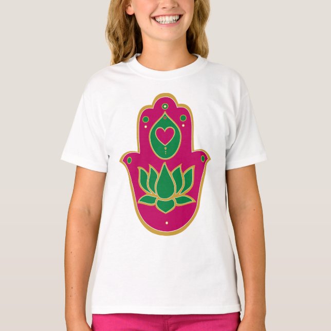 Henna Hamsa Lotus Grönt & Rosa T-shirt (Framsida)