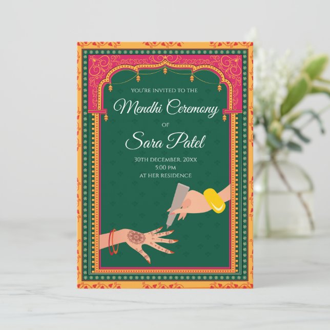 Henna-inbjudningar och Mehendi inbjudningskort Meh (Stående Fram)