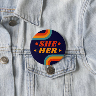 Hennes 70-tal blå Orange Retro Linjer Pronouns Knapp