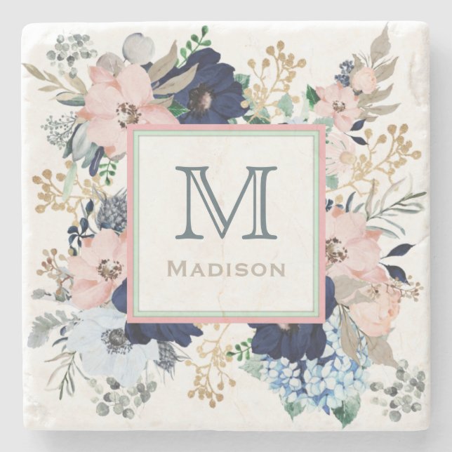 Hennes favoritblått och Rosa ros Monogram Stenunderlägg (Framsidan)