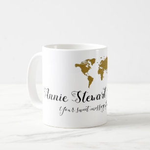 hennes handskriven namn + världskarta + meddelande kaffemugg