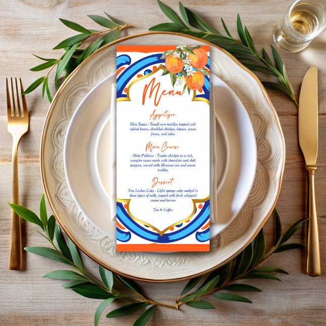Hennes huvudblåa menykort för orange meny (Her Main Squeeze bridal shower orange blue tiles customized menu card template personalized decor)