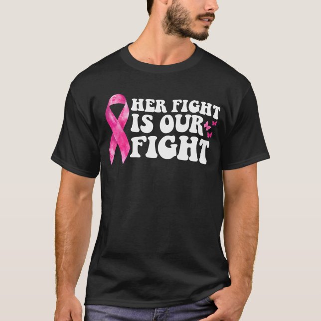 Hennes kamp är vår kamp Groovy Rosa Breast Cancer T Shirt (Framsida)