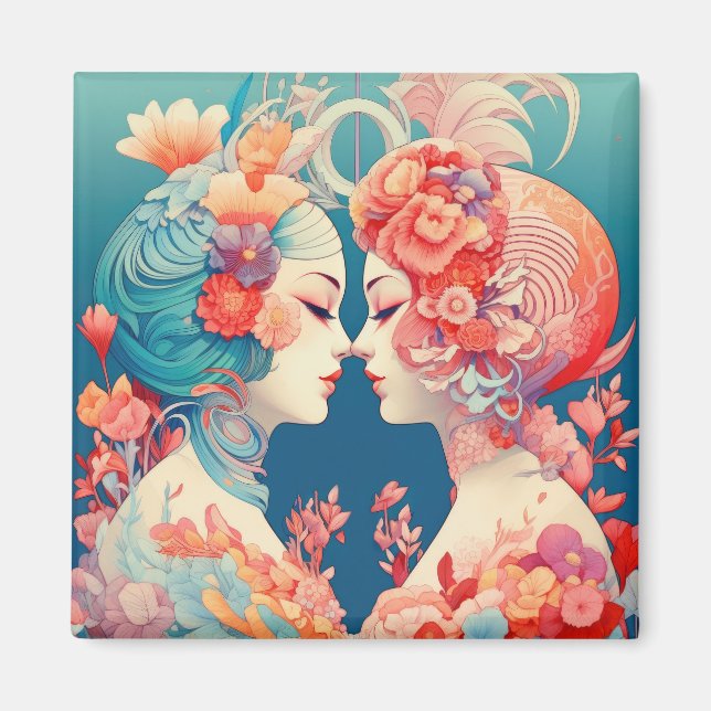 Hennes Kärlek, hennes sätt | Lesbisk Kiss Art Deco Magnet (Framsidan)