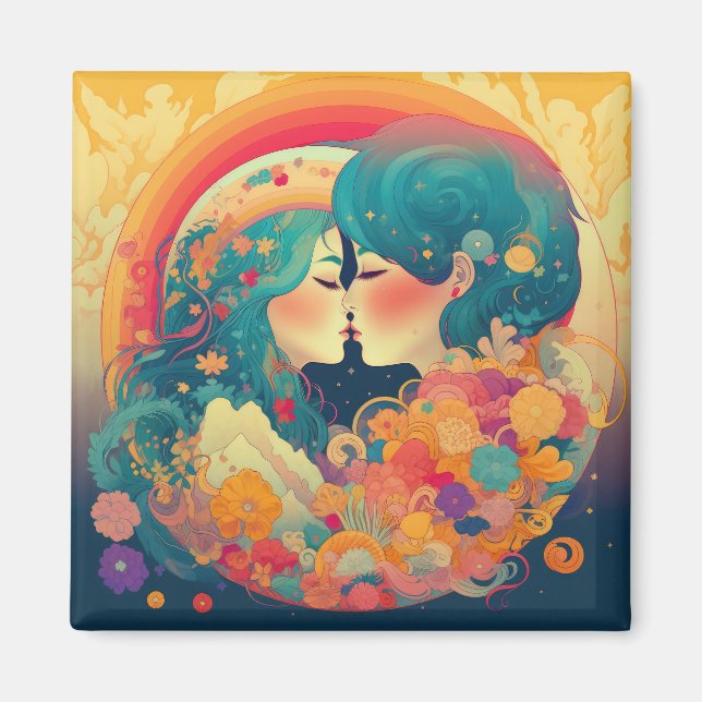 Hennes Kärlek, hennes sätt | Lesbisk Kiss Art Deco Magnet (Framsidan)