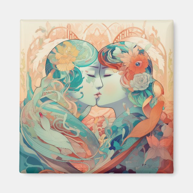 Hennes Kärlek, hennes sätt | Lesbisk Kiss Art Deco Magnet (Framsidan)