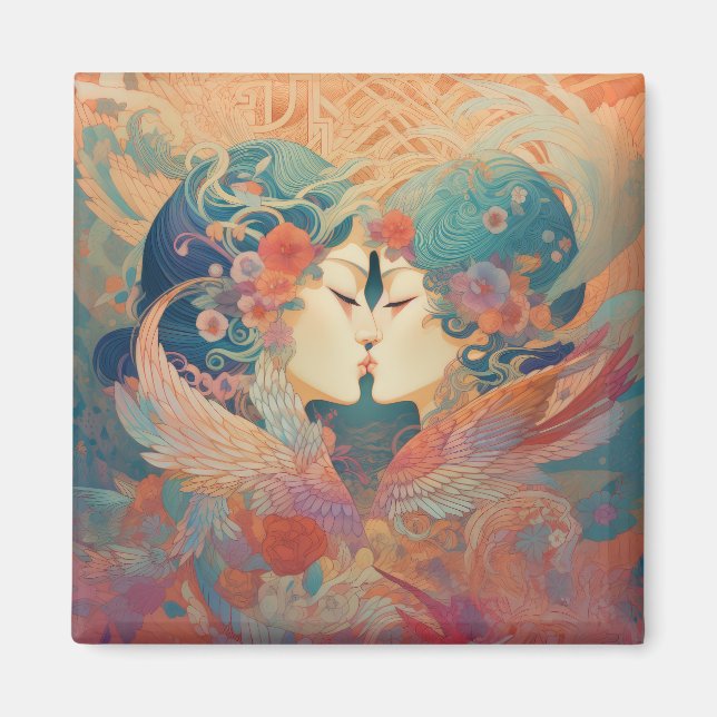 Hennes Kärlek, hennes sätt | Lesbisk Kiss Art Deco Magnet (Framsidan)