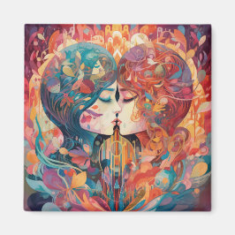 Hennes Kärlek, hennes sätt | Lesbisk Kiss Art Deco Magnet