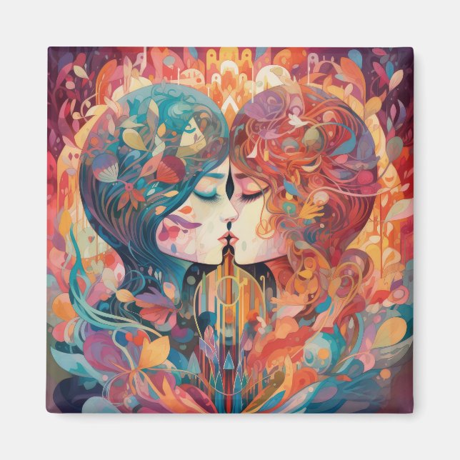 Hennes Kärlek, hennes sätt | Lesbisk Kiss Art Deco Magnet (Framsidan)