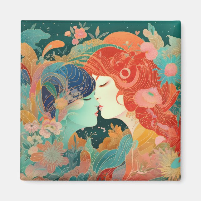 Hennes Kärlek, hennes sätt | Lesbisk Kiss Art Deco Magnet (Framsidan)