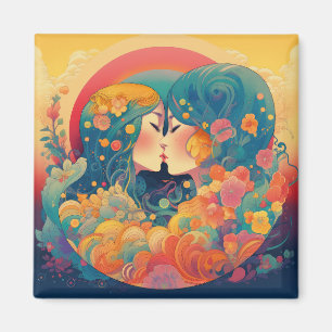 Hennes Kärlek, hennes sätt   Lesbisk Kiss Art Deco Magnet